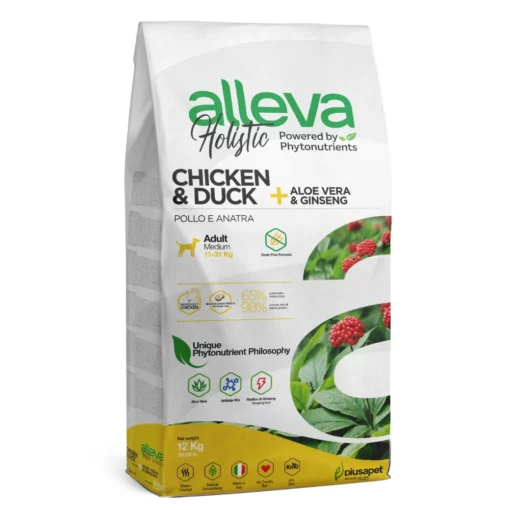 Croquette Sans Céréales Poulet & Canard + Aloe Vera & Ginseng Chien Adulte Medium - Alleva Holistic
