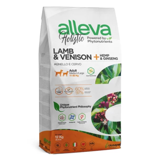 Croquette Sans Céréales Agneau & Cerf + Cannabis Sativa & Ginseng Chien Adulte Medium/Maxi - Alleva Holistic